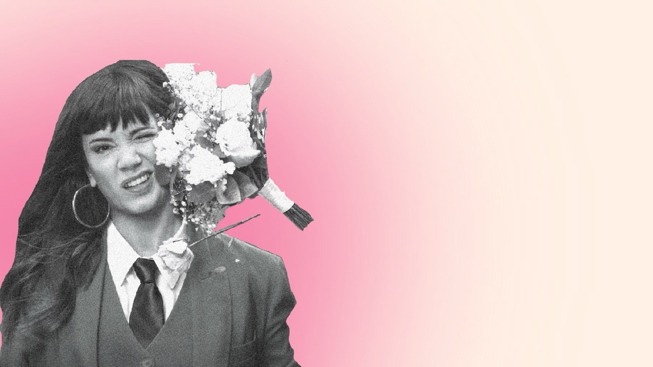 Ilustração da personagem Vicky, da série Invejosa da Netflix, com um buquê de noiva