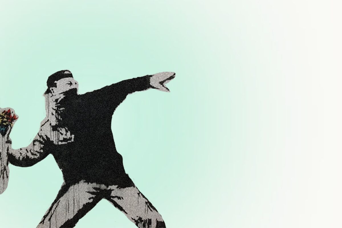 Ilustração inspirada no grafite “Flower Thrower”, de Banksy, com homem lançando um buquê de flores