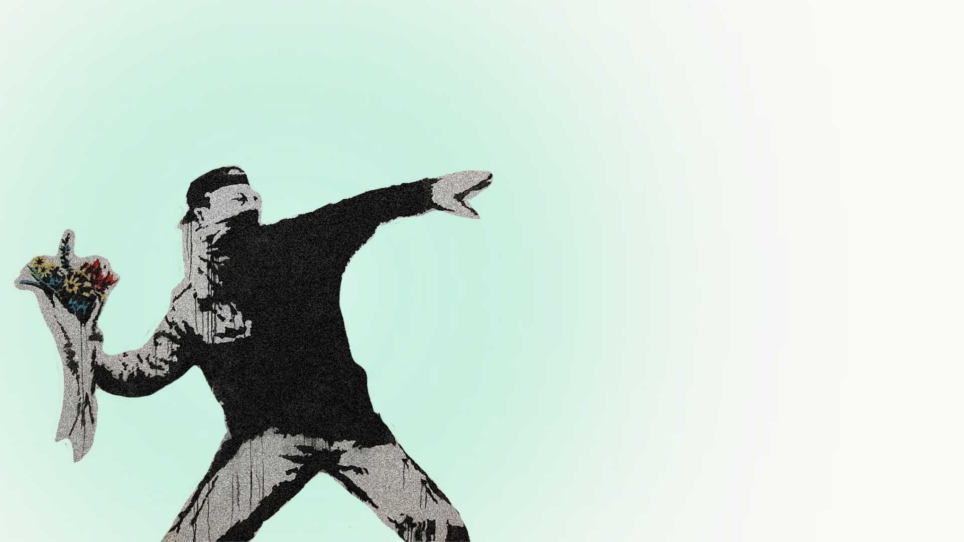 Ilustração inspirada no grafite “Flower Thrower”, de Banksy, com homem lançando um buquê de flores